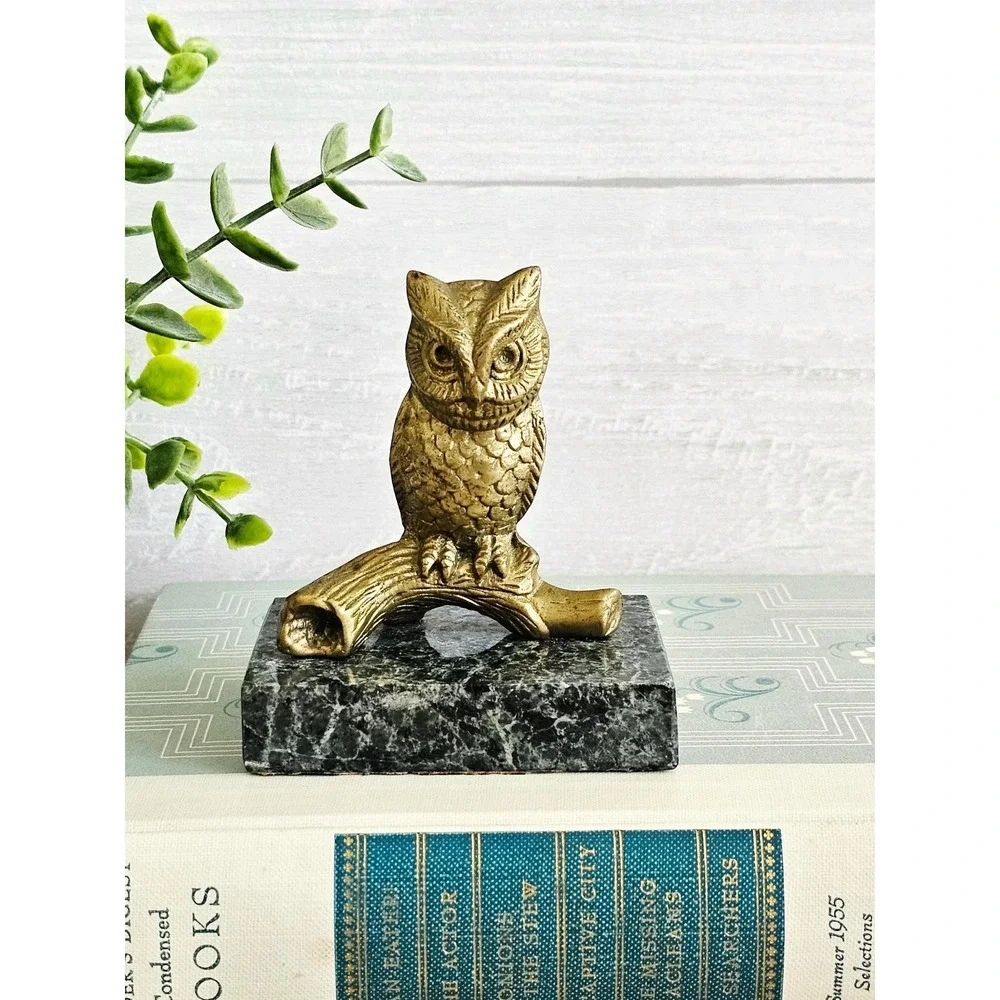 Vintage Solid Brass Owl on Branch on Black & Green Marble Base Paperweight